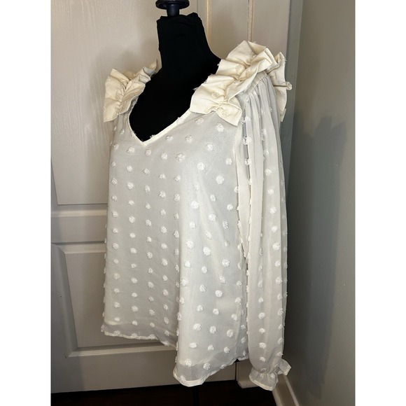 Entro Chiffon Long Sleeve Ivory Shirt Ruffled V Neck Swiss Dot Pompom Womens‎ L - Picture 6 of 11